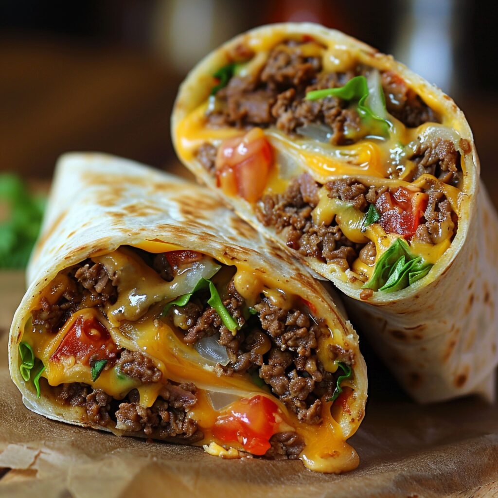 A close-up of a grilled cheese burrito with a crispy golden cheese crust and savory fillings spilling out.