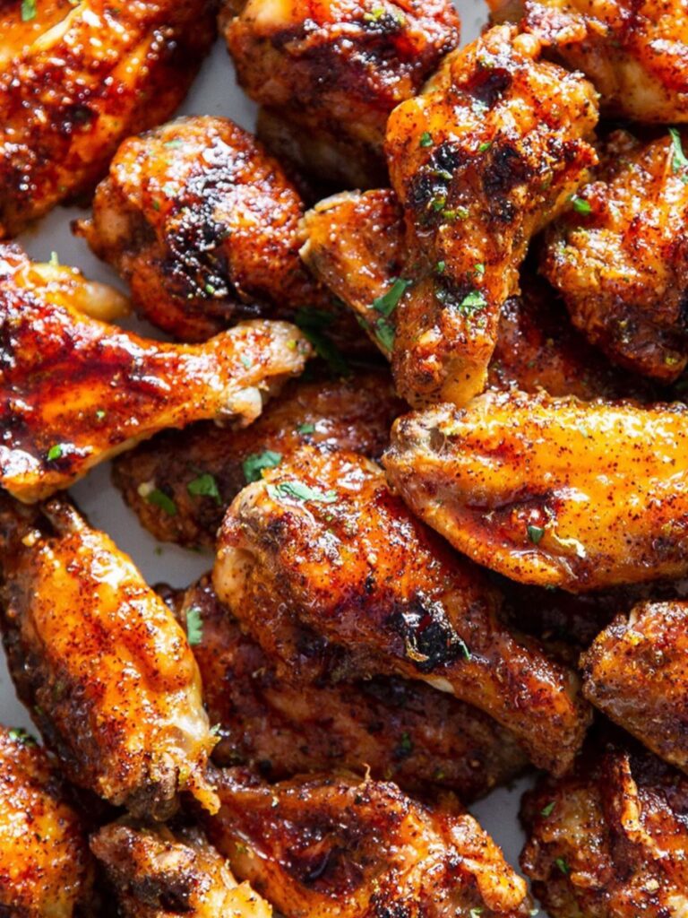 Juicy chicken wings sizzling on a grill, coated in smoky BBQ sauce, with flames licking the edges for perfect char.