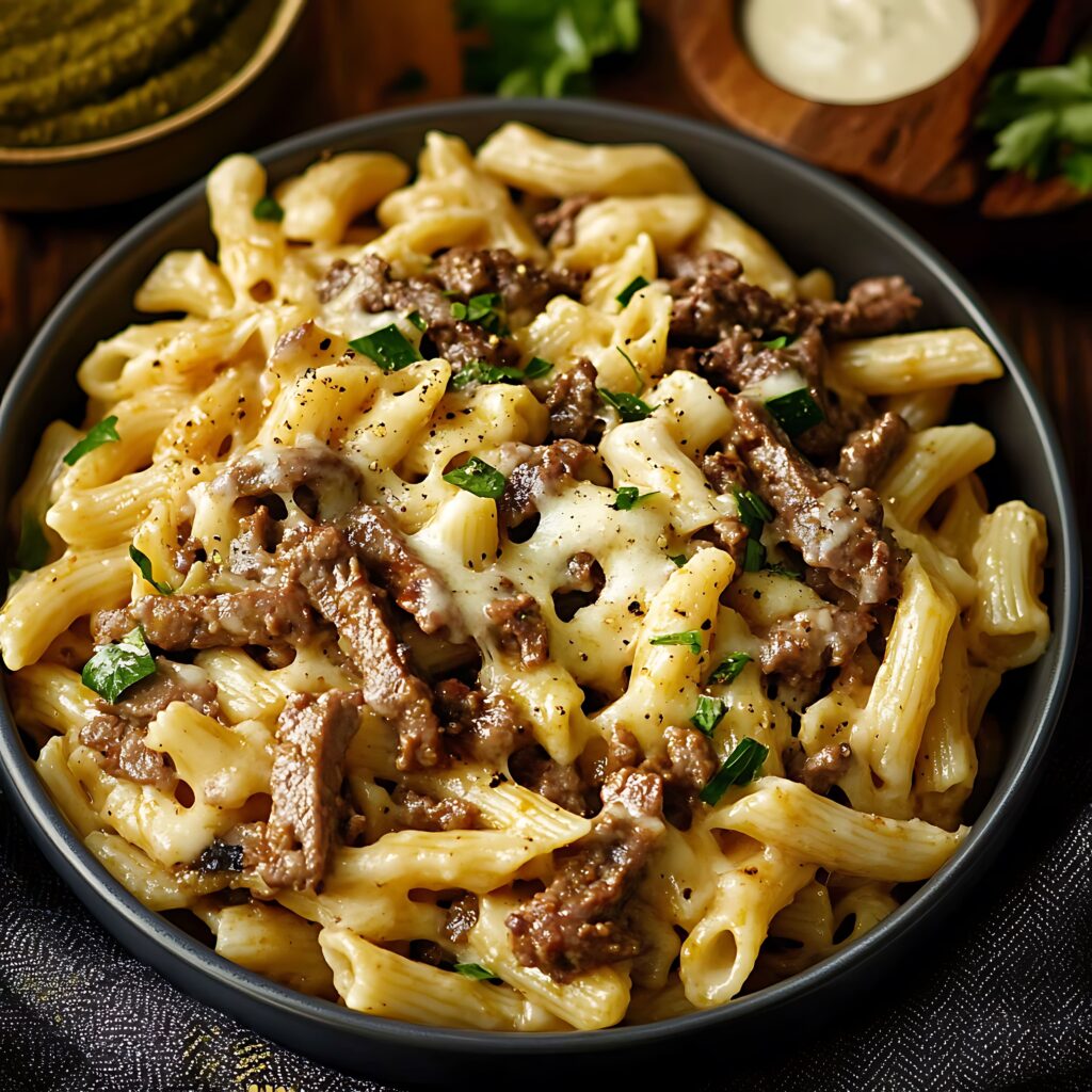 A creamy Philly cheesesteak pasta dish with tender steak slices, melted cheese, and sautéed onions and peppers served in a skillet.