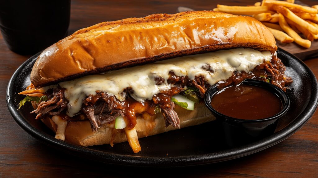 A close-up of a Philly cheesesteak loaded with melted cheese, grilled onions, and drizzled with creamy sauce.