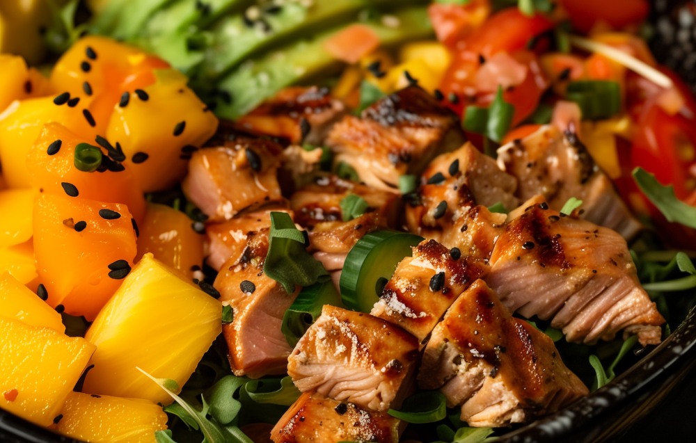 Delicious salmon bowl with grilled salmon, jasmine rice, pickled red onions, and a sriracha-lime drizzle.