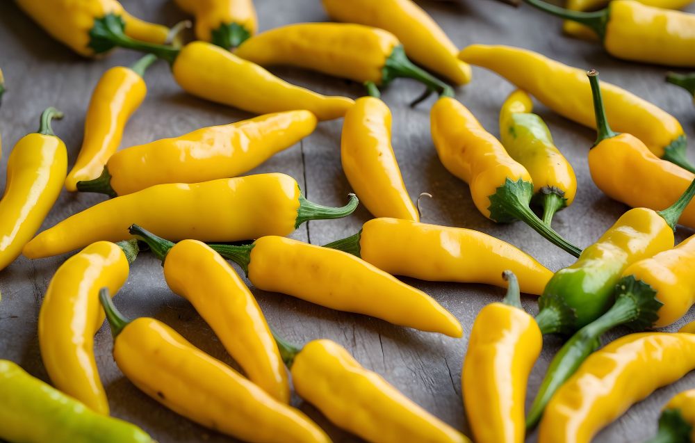 A bunch of ripe banana pepper with their signature curved shape and mild flavor, ideal for salads, sandwiches, and more.