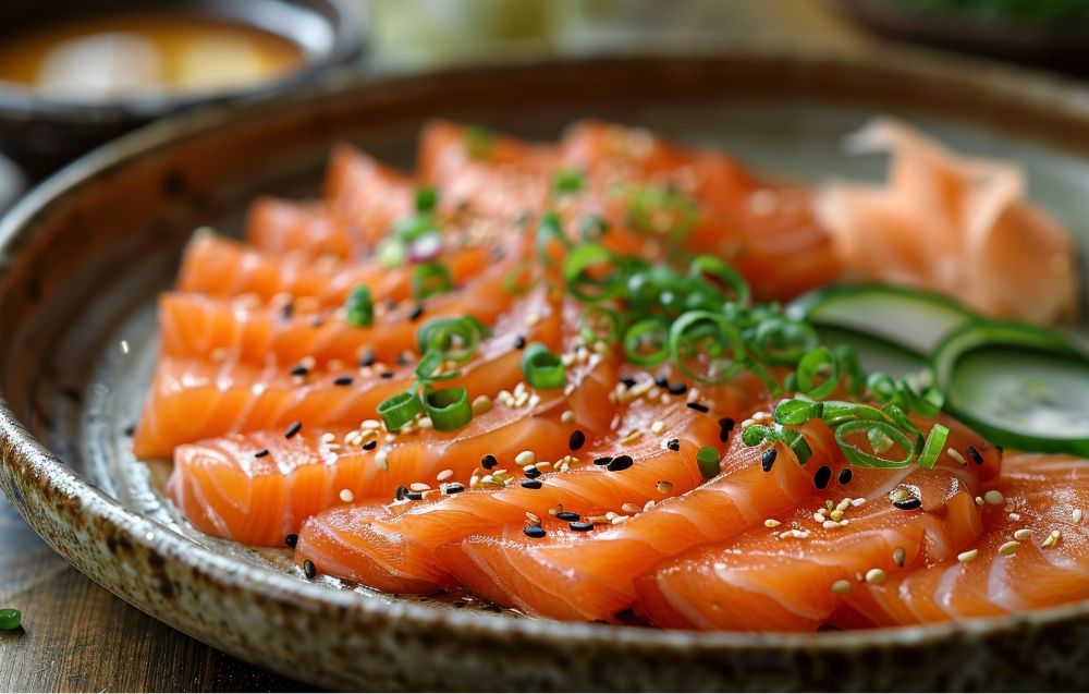 Close-up of vibrant orange salmon sashimi pieces arranged elegantly for a Japanese-style dining experience.