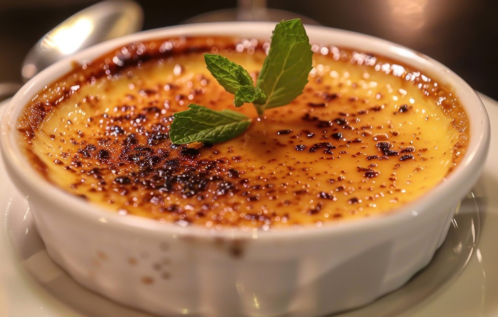 Close-up of a creamy crab brulee recipe topped with a crispy breadcrumb layer, ready to be served.