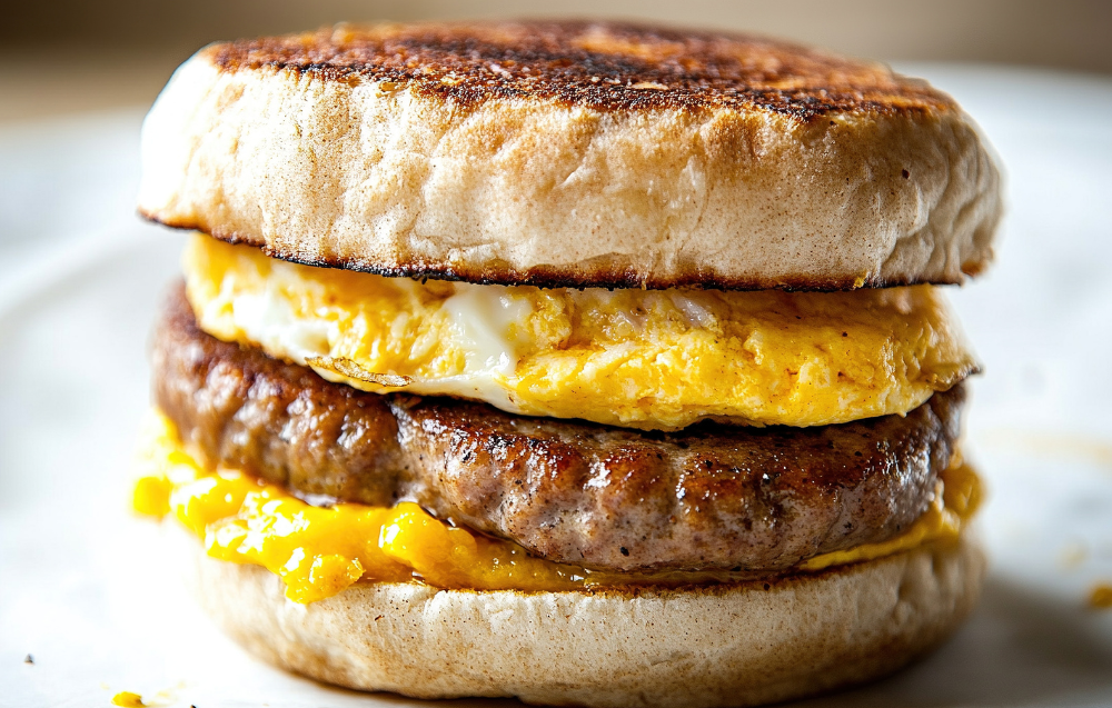 A freshly heated Jimmy Dean breakfast sandwich with a fluffy egg patty and savory sausage on an English muffin.