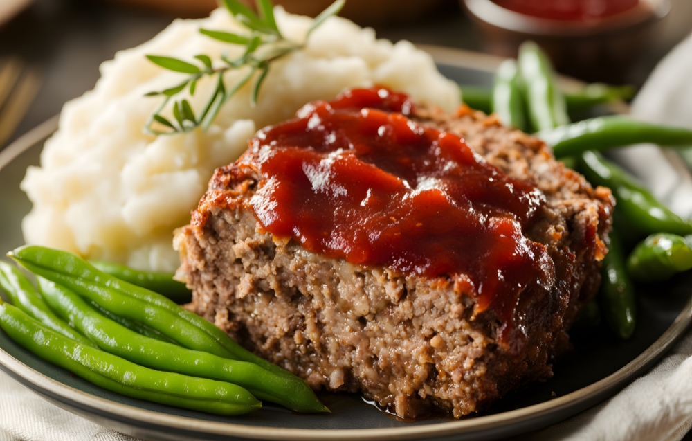 A hearty slice of meatloaf smothered in rich brown gravy, paired with roasted vegetables and mashed potatoes.