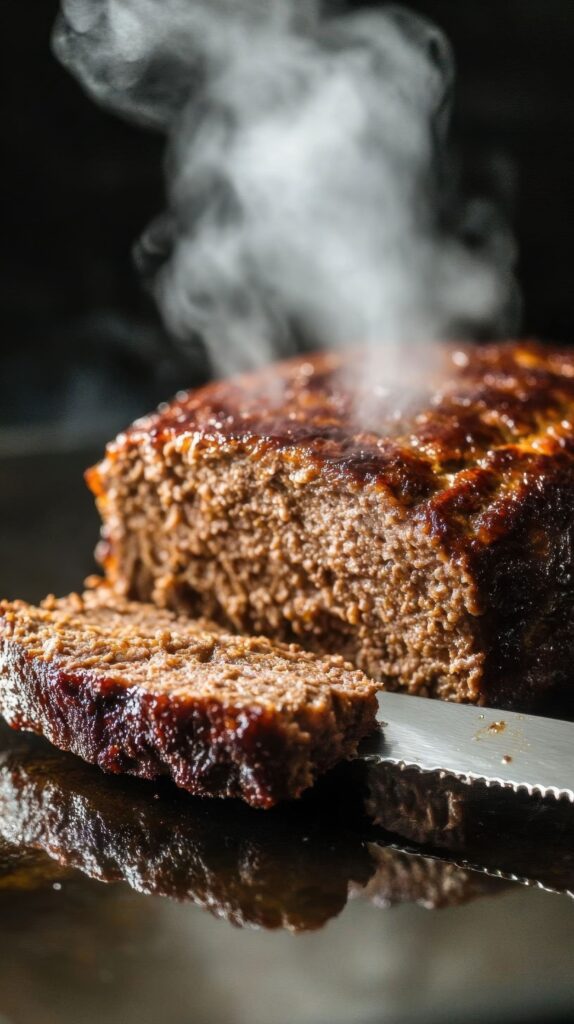 Juicy smoked meatloaf sliced and served with a smoky glaze on a wooden platter.
