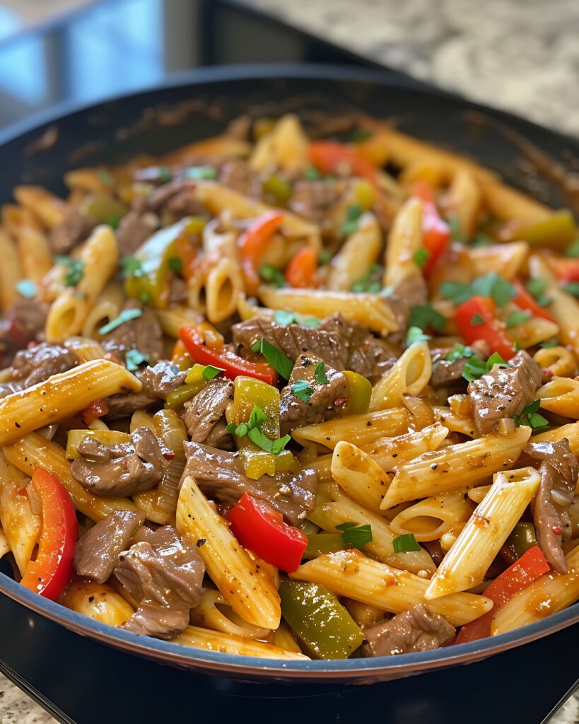 A delicious plate of steak paired with creamy pasta garnished with fresh herbs.