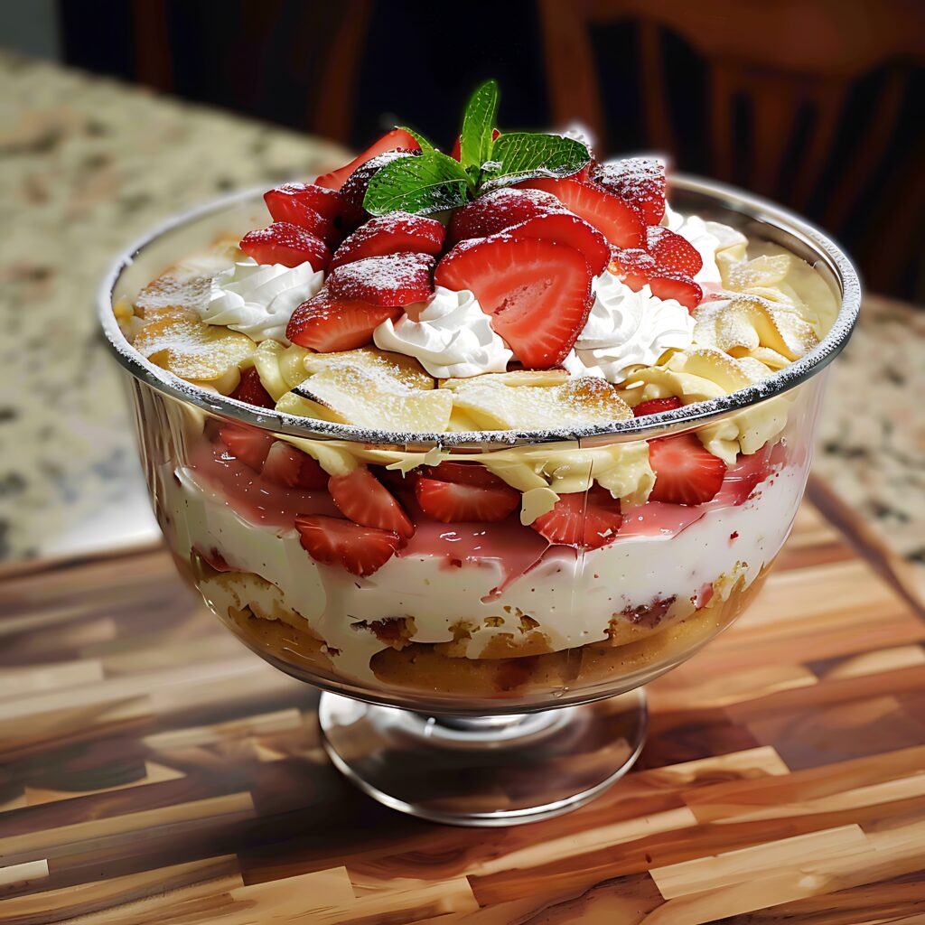 A vibrant dessert bowl of strawberry banana pudding layered with fresh banana slices, strawberries, and whipped cream, served in a clear glass dish.
