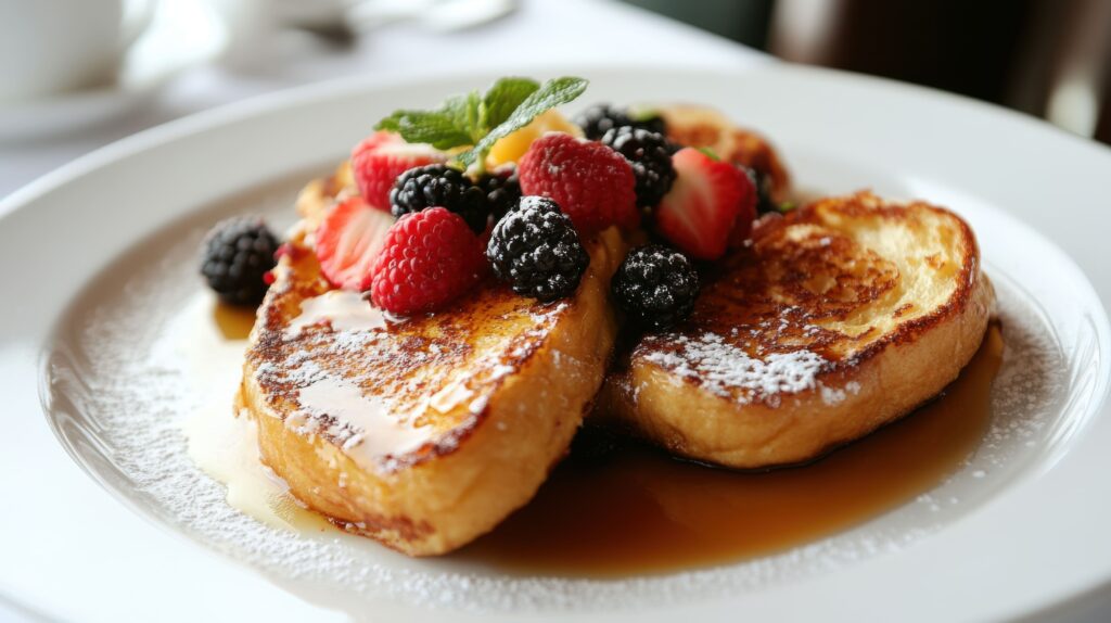 Golden-brown slices of sourdough French toast topped with fresh berries and a drizzle of maple syrup.