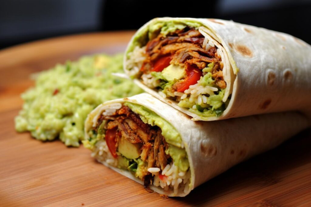 Close-up of a burrito cut in half, showcasing colorful layers of rice, beans, guacamole, and salsa.