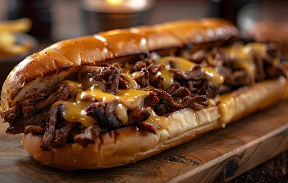 A sizzling Philly cheesesteak on a griddle, highlighting the secret ingredient that makes it iconic.