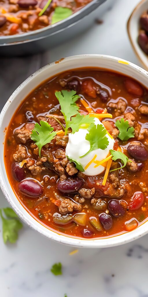 A steaming bowl of good chili topped with shredded cheese, fresh cilantro, and a dollop of sour cream, served with a side of cornbread.