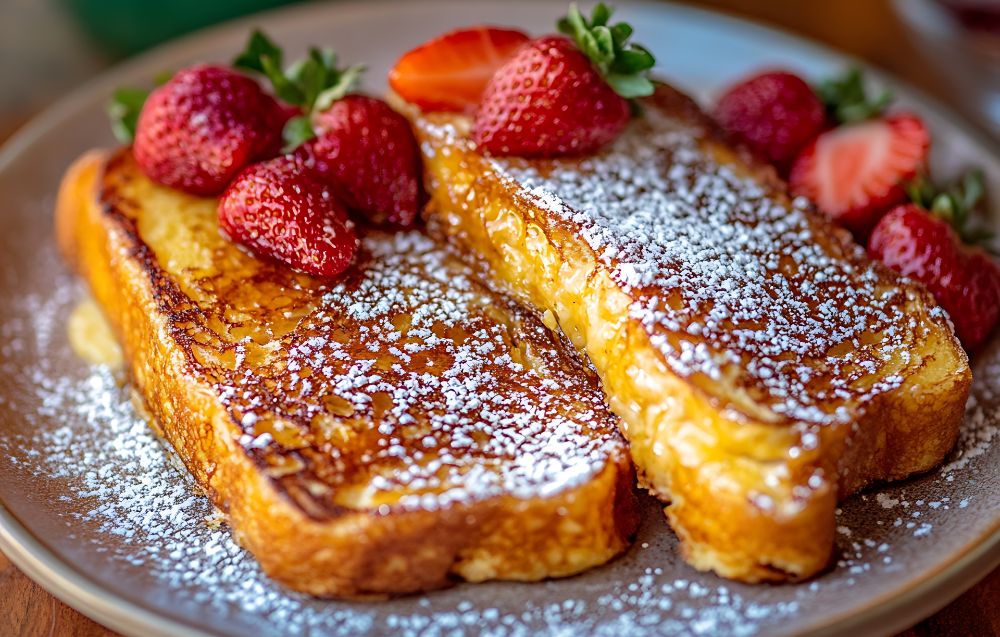 Golden French toast slices served with fresh fruit and syrup, highlighting the best bread options for this classic dish.