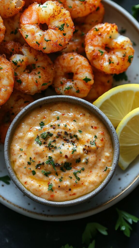 A selection of shrimp dishes served with various sauces, including garlic butter, sweet chili, and lemon herb.