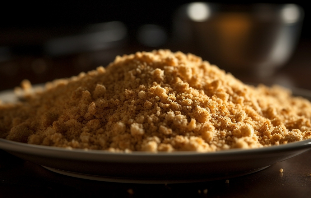 A variety of bread crumbs, including panko, dry, and fresh, displayed on a rustic wooden table.