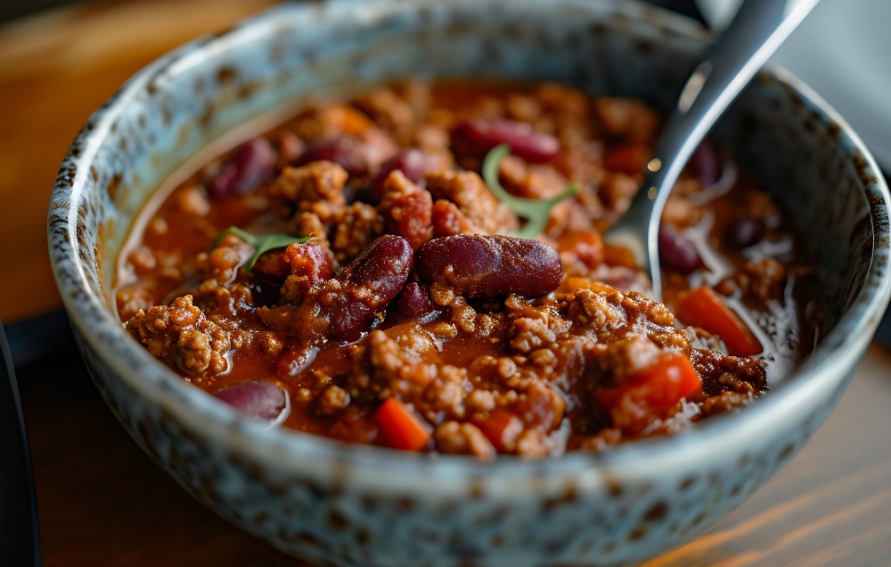 Close-up of a rustic pot of good chili with ground beef, beans, tomatoes, and spices, garnished with green onions and a sprinkle of chili powder.