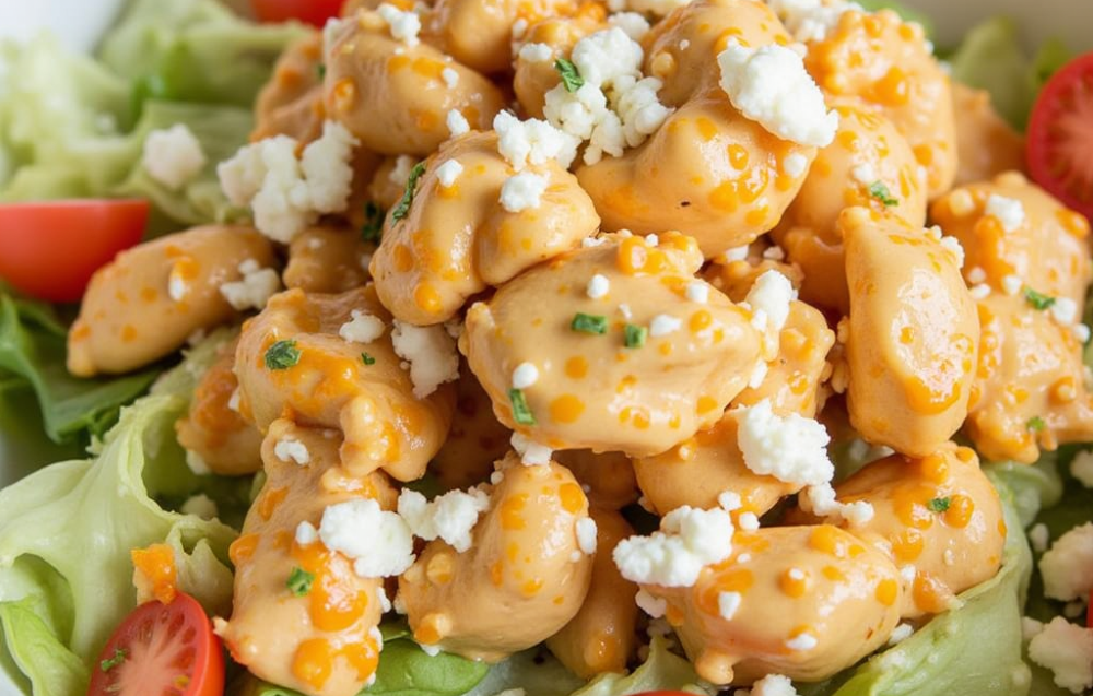 Colorful buffalo chicken salad recipe with juicy chicken, fresh vegetables, and tangy buffalo sauce