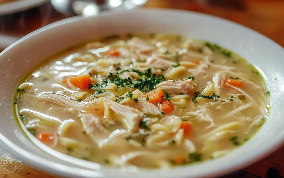 A close-up of a spoonful of soup with the secret ingredient in soup floating inside.