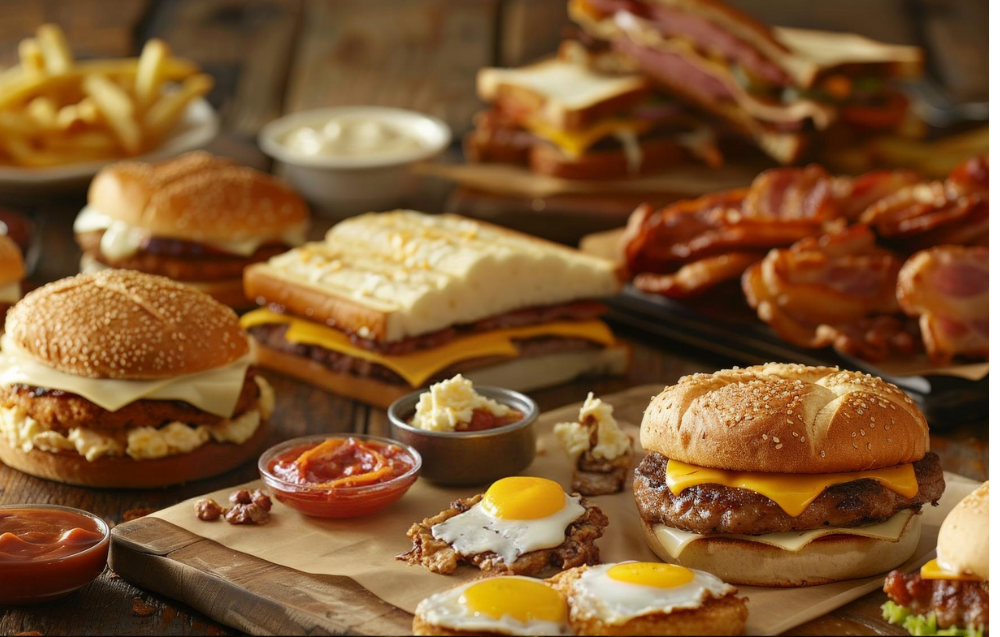 A hearty Wendy’s Breakfast Baconator served with crispy seasoned potatoes and a steaming cup of coffee.
