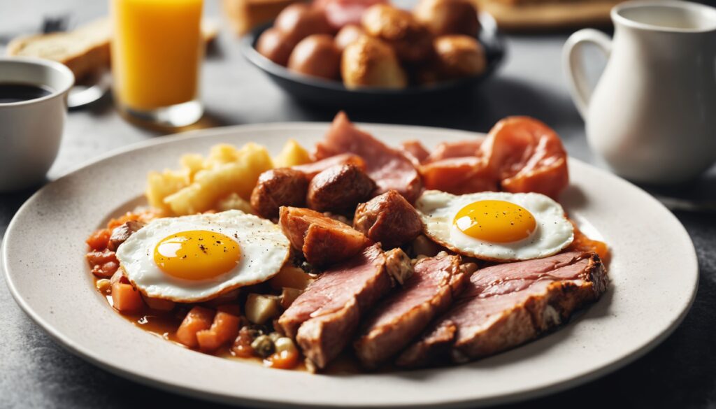 Plate of gluten-free breakfast meats including turkey patties and grilled chicken strips.