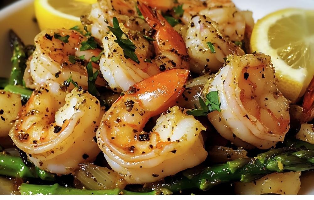 A vibrant platter of grilled shrimp served with fresh lemon wedges, garlic butter
