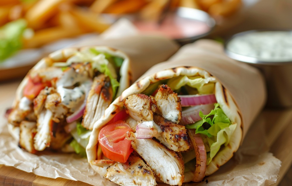 A freshly made chicken wrap filled with grilled chicken, lettuce, and tomatoes, placed on a wooden board.