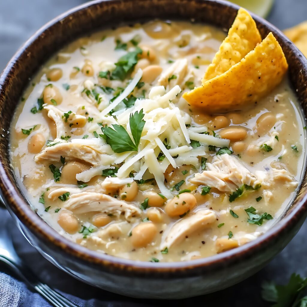 A creamy and hearty white chicken chili in a crockpot, topped with fresh cilantro and tortilla strips.