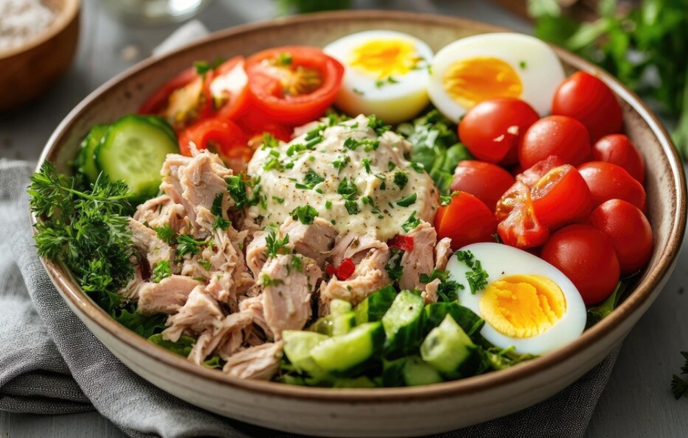 5 types of salad: Classic green salad, Caesar salad, fruit salad, pasta salad, and quinoa salad displayed on a table, offering a variety of healthy and delicious options.