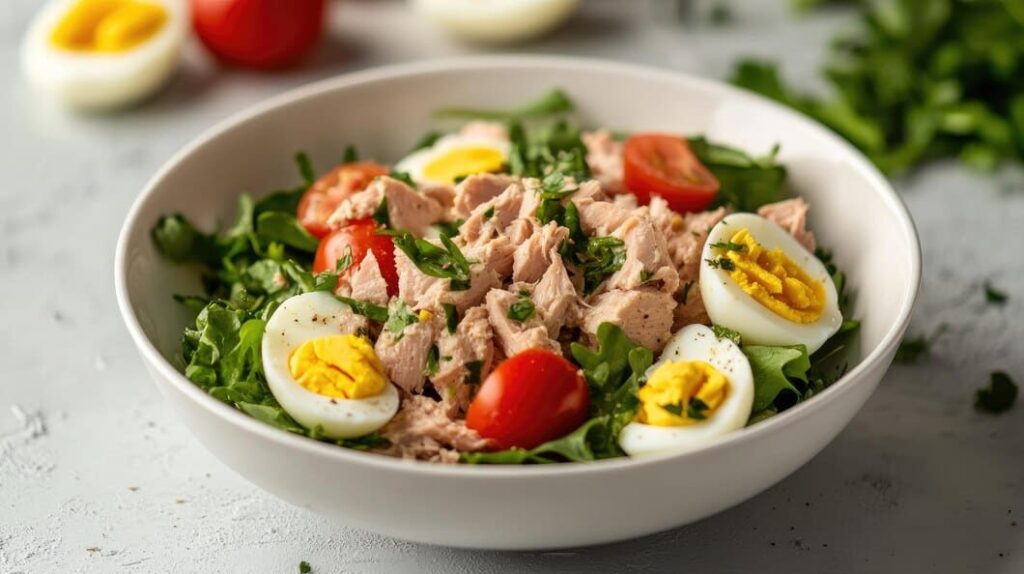 A vibrant display of 5 types of salads including green, Caesar, fruit, pasta, and quinoa.